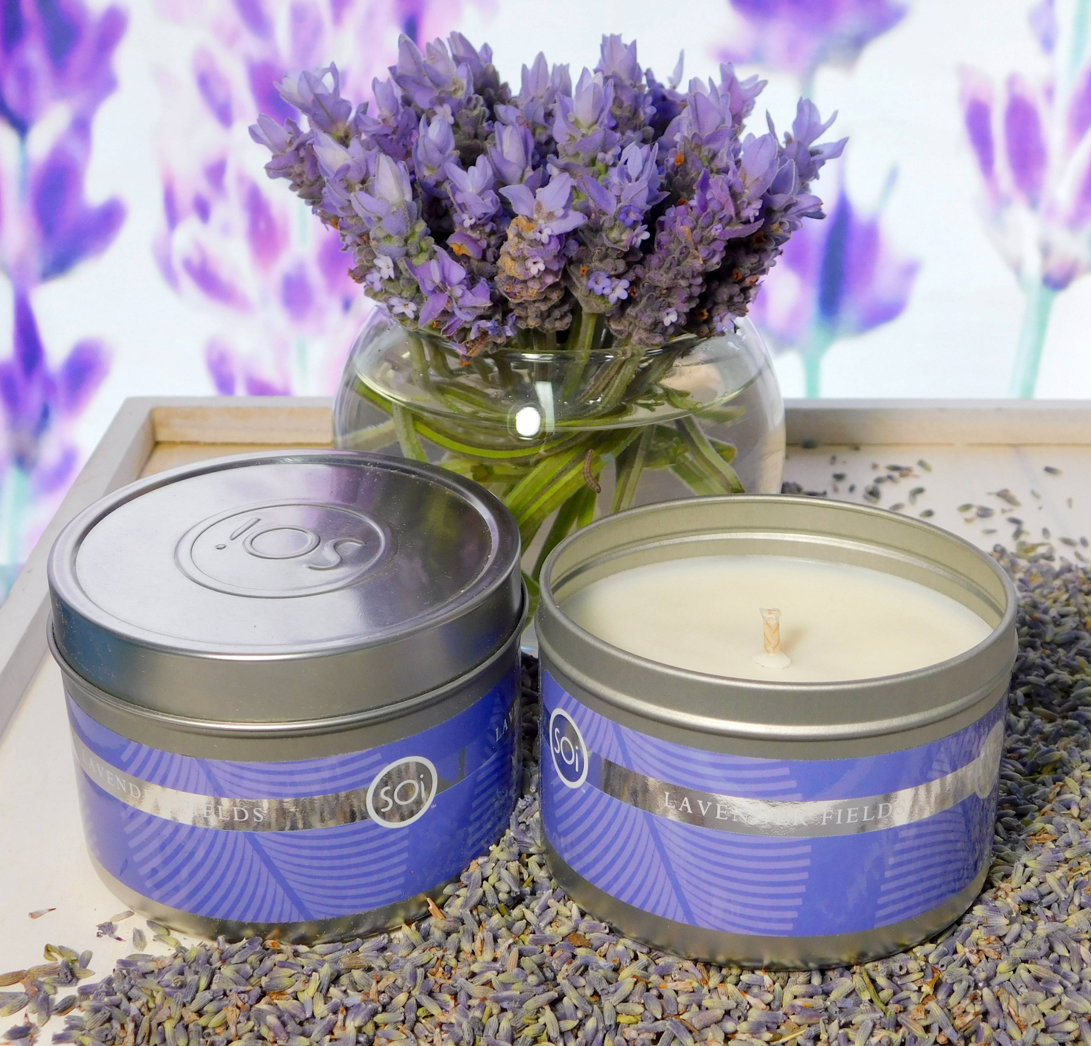 Lavender soy candle for soothing lavender aromatherapy.